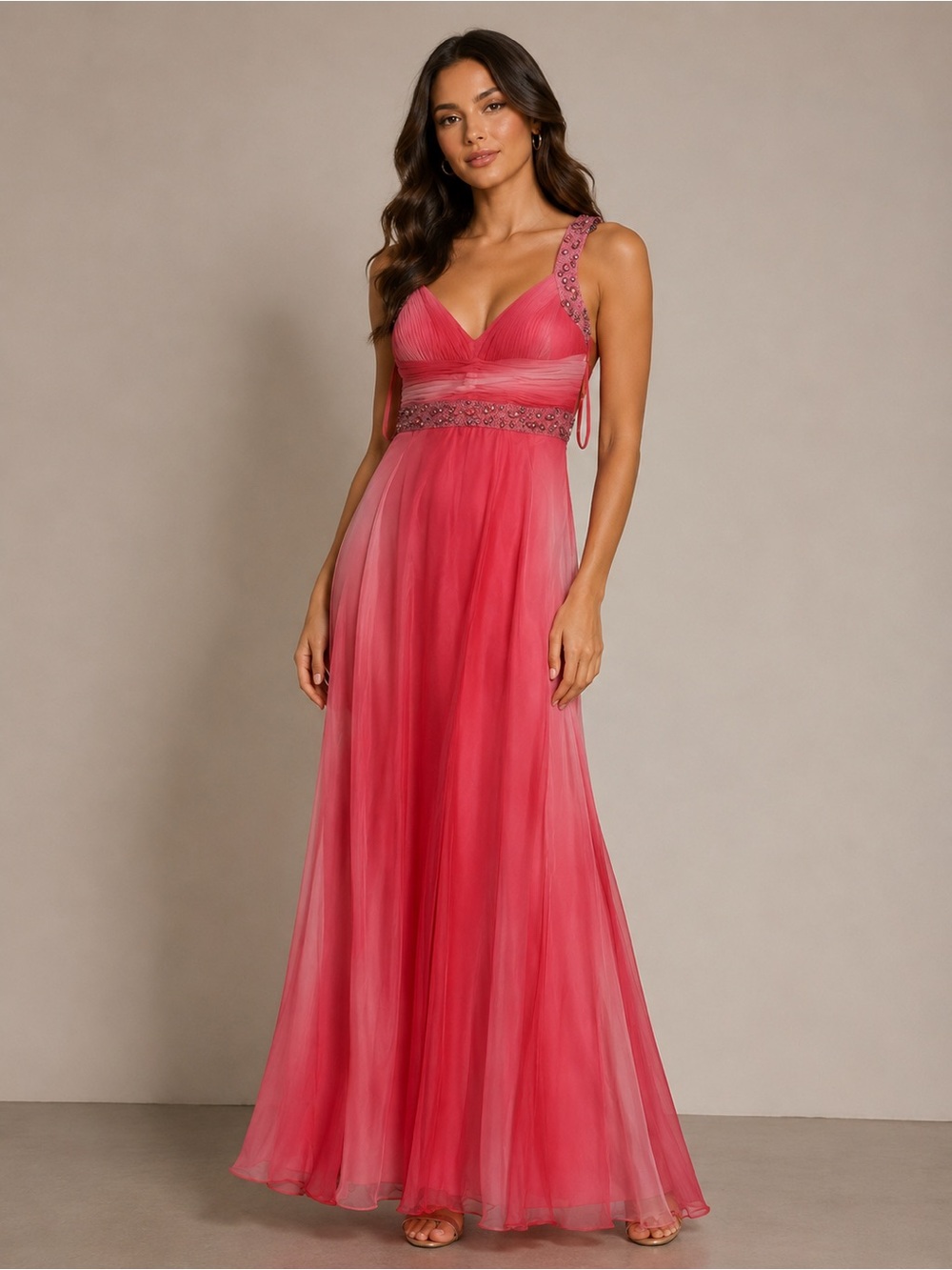 Elegant Pink Shimmer by Bari Jay Beaded Chiffon Evening Gown – Size US 8,